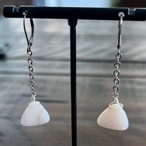 Vintage Sterling Silver 925 White Jade Dangle Chain Boho Earrings